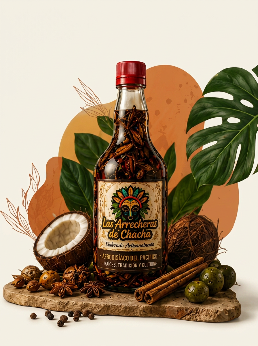 Botella de Las Arrecheras de Chacha con coco, canela y hojas tropicales